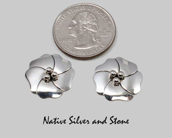 Z Artie Yellowhorse - Navajo<br>3/4" Earrings<br>Size 1  Small<br>Dogwood Blossom/Flower 2D<br>Original Design<br>Post<br>Sterling Silver