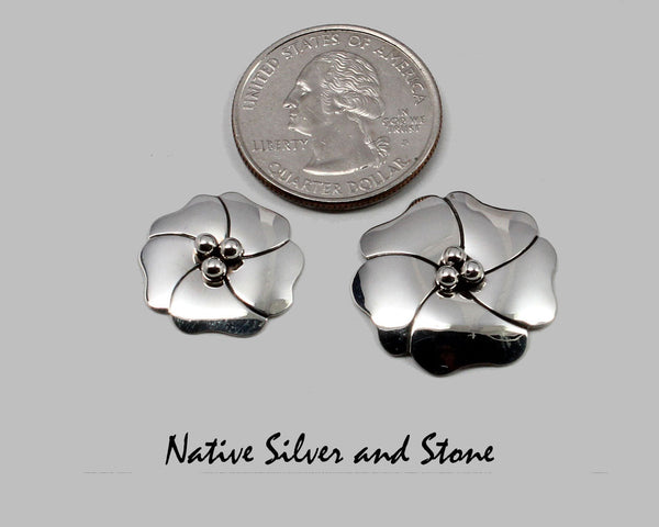 Z Artie Yellowhorse - Navajo<br>3/4" Earrings<br>Size 1  Small<br>Dogwood Blossom/Flower 2D<br>Original Design<br>Post<br>Sterling Silver