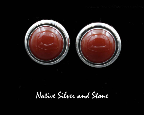 Artie Yellowhorse - Navajo<br>3/4" Earrings - Red<br>16mm Carnelian Round<br>Shadowbox<br>Post<br>Sterling Silver