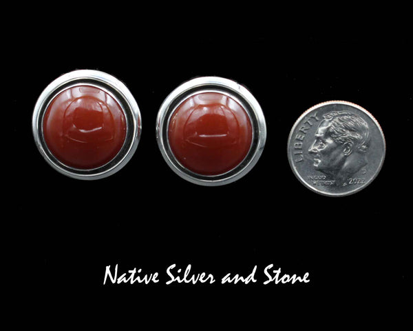 Artie Yellowhorse - Navajo<br>3/4" Earrings - Red<br>16mm Carnelian Round<br>Shadowbox<br>Post<br>Sterling Silver