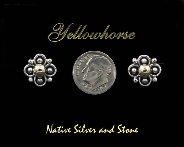 Artie Yellowhorse - Navajo<br>ERPAS4LC14K<br>5/8" Earrings<br>4 Leaf Clover/Flower - Small<br>Shadowbox<br>Post<br>Sterling Silver - 14k GOLD