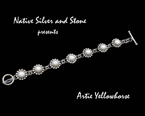 Artie Yellowhorse - Navajo<br>Bracelet - Link <br>8mm White Pearl Rounds<br>Single Bead<br>Sterling Silver<br>Size (as worn)  6-1/8 to 7
