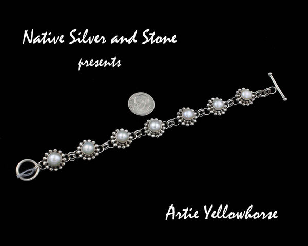 Artie Yellowhorse - Navajo<br>Bracelet - Link <br>8mm White Pearl Rounds<br>Single Bead<br>Sterling Silver<br>Size (as worn)  6-1/8 to 7