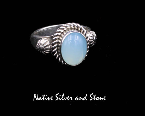 Artie Yellowhorse - Navajo<br>1/2" Ring<br>10mm x 8mm Chalcedony Oval<br>Single Twist<br>Shots on Flanks<br>Sterling Silver<br>Size: 6