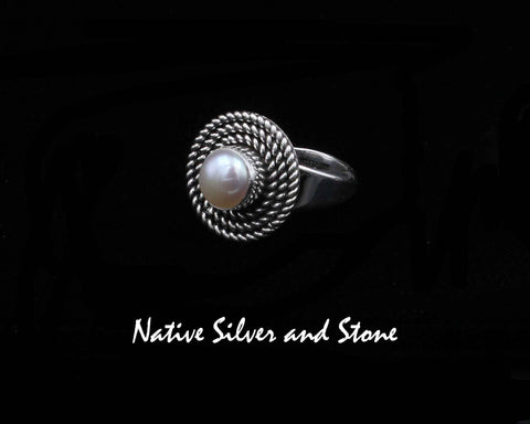 Artie Yellowhorse - Navajo<br>RGP3T<br>11/16" Ring<br>3 Twist<br> 8mm Pearl Round<br>Sterling Silver<br>Sizes: 6 & 7