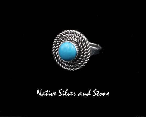 Artie Yellowhorse - Navajo<br>RGTSB3T<br>11/16" Ring<br>3 Twist<br> 8mm Sleeping Beauty Round Turquoise<br>Sterling Silver<br>Sizes: 6, 7, & 7-3/4