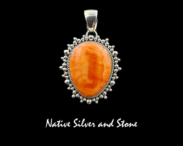 Z Artie Yellowhorse - Navajo<br>Set - Orange Spiny<br>5 Strand Beaded Necklace &<br>Pendant Freeform Reverse Teardrop<br>Burst Bead Perimeter<br>Sterling Silver