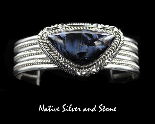 Artie Yellowhorse - Navajo<br>BCPTTSC<br>7/8" Bracelet Cuff<br>Blue Pietersite/Pietercite Horizontal Soft Triangle<br>Single Twist & Sawcut<br>Sterling Silver<br>Size 6-1/2 (Medium)