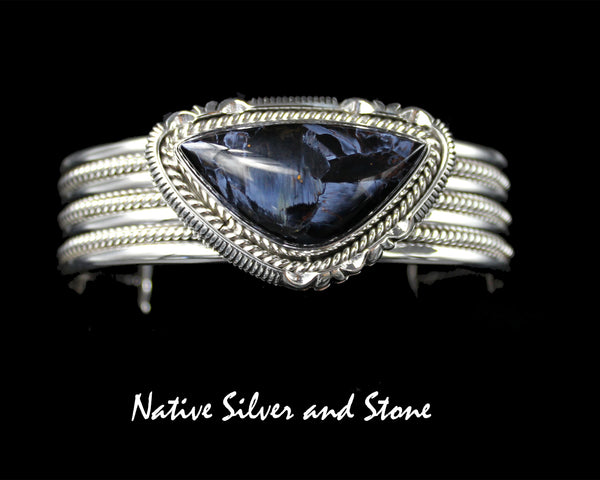 Artie Yellowhorse - Navajo<br>BCPTTSC<br>7/8" Bracelet Cuff<br>Blue Pietersite/Pietercite Horizontal Soft Triangle<br>Single Twist & Sawcut<br>Sterling Silver<br>Size 6-1/2 (Medium)