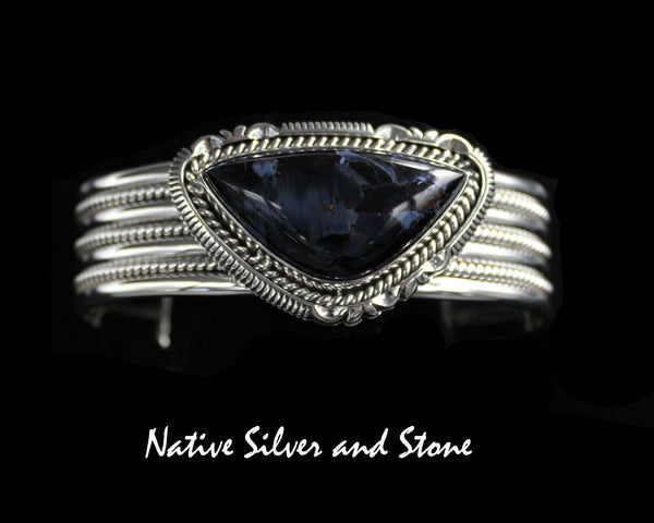 Artie Yellowhorse - Navajo<br>BCPTTSC<br>7/8" Bracelet Cuff<br>Blue Pietersite/Pietercite Horizontal Soft Triangle<br>Single Twist & Sawcut<br>Sterling Silver<br>Size 6-1/2 (Medium)