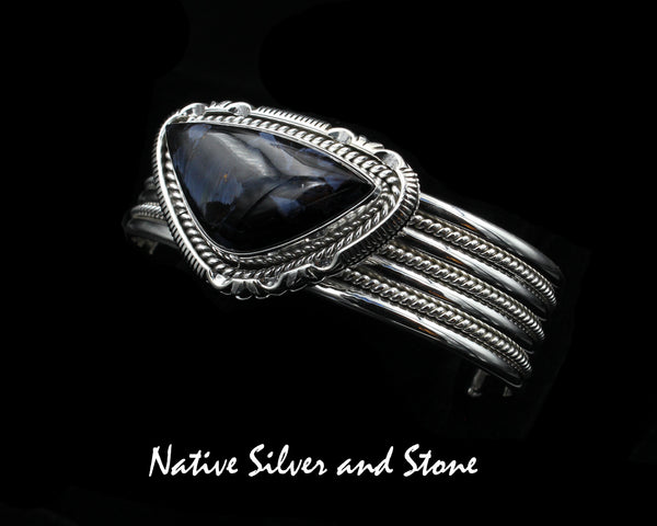 Artie Yellowhorse - Navajo<br>BCPTTSC<br>7/8" Bracelet Cuff<br>Blue Pietersite/Pietercite Horizontal Soft Triangle<br>Single Twist & Sawcut<br>Sterling Silver<br>Size 6-1/2 (Medium)
