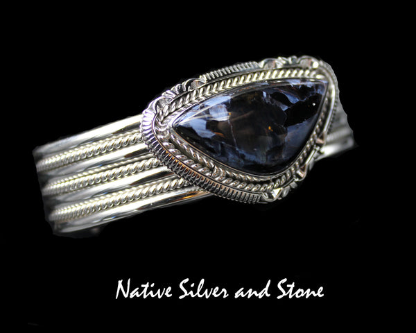 Artie Yellowhorse - Navajo<br>BCPTTSC<br>7/8" Bracelet Cuff<br>Blue Pietersite/Pietercite Horizontal Soft Triangle<br>Single Twist & Sawcut<br>Sterling Silver<br>Size 6-1/2 (Medium)