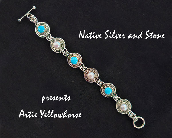 Artie Yellowhorse - Navajo<br>BRLKTSB&P3T<br>1/2" Rounds Bracelet - Link<br>3 Twists - Alternating<br>8mm Sleeping Beauty Turquoise<br>8mm Pearl<br>Sterling Silver