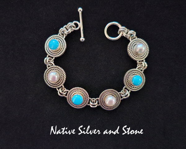 Artie Yellowhorse - Navajo<br>BRLKTSB&P3T<br>1/2" Rounds Bracelet - Link<br>3 Twists - Alternating<br>8mm Sleeping Beauty Turquoise<br>8mm Pearl<br>Sterling Silver