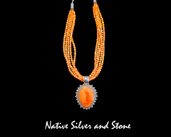 Z Artie Yellowhorse - Navajo<br>Set - Orange Spiny<br>5 Strand Beaded Necklace &<br>Pendant Freeform Reverse Teardrop<br>Burst Bead Perimeter<br>Sterling Silver