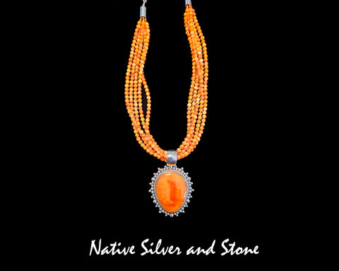 Z Artie Yellowhorse - Navajo<br>Set - Orange Spiny<br>5 Strand Beaded Necklace &<br>Pendant Freeform Reverse Teardrop<br>Burst Bead Perimeter<br>Sterling Silver