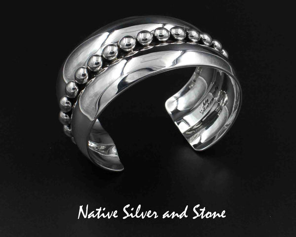 Artie Yellowhorse - Navajo<br>BCAS<br>1-5/16" Bracelet Cuff<br>Center Line of 1/4" Large Beads/Dots<br>Rounded Flanks<br>Sterling Silver<br>Size 6-5/16 (Medium)