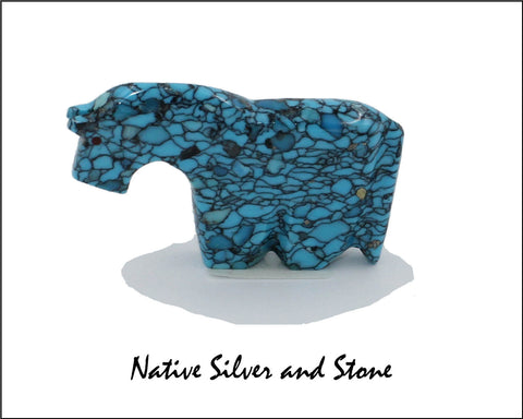 Horse<br>Zuni Fetish Carving<br>Bernard Laiwakete<br>Block Turquoise<br>Coral Accents