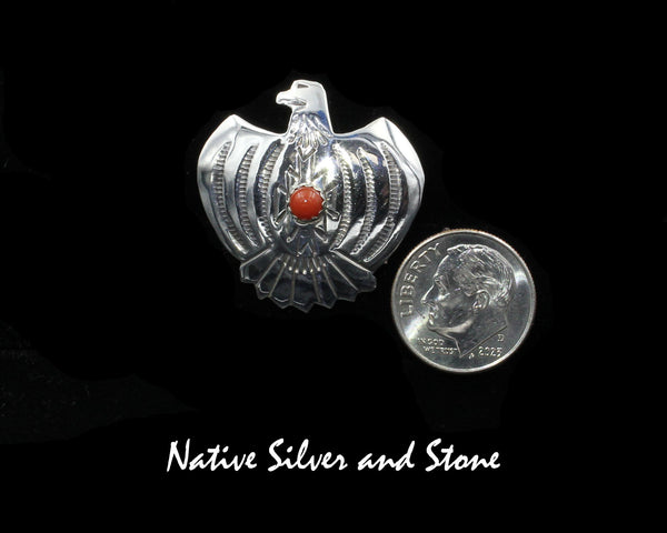Pin<br>Thunderbird with Coral<br>Sterling Silver