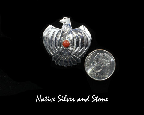 Pin<br>Thunderbird with Coral<br>Sterling Silver