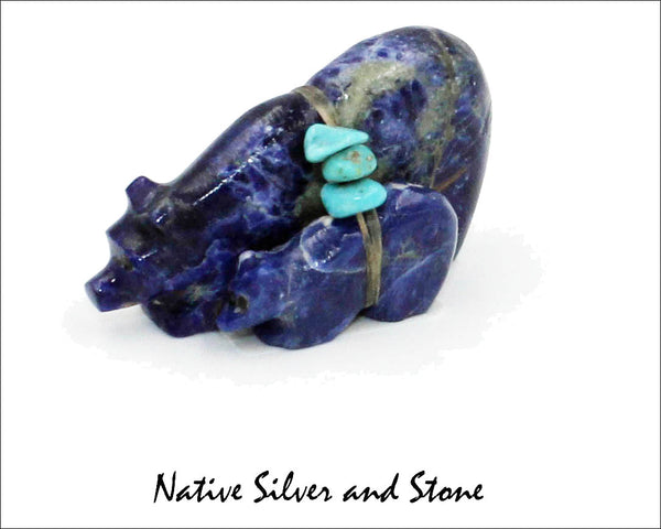 Z Bear & Cub on Fours<br>Zuni Fetish Carving<br>Cheryl Beyuka<br>Sodalite (Blue) w Turquoise Bundle<br>Small-Medium