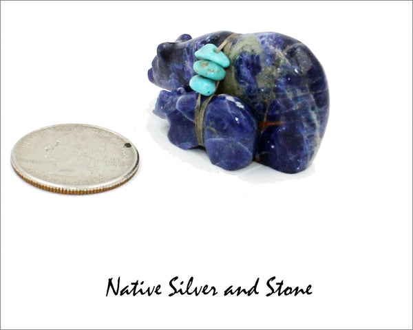 Z Bear & Cub on Fours<br>Zuni Fetish Carving<br>Cheryl Beyuka<br>Sodalite (Blue) w Turquoise Bundle<br>Small-Medium