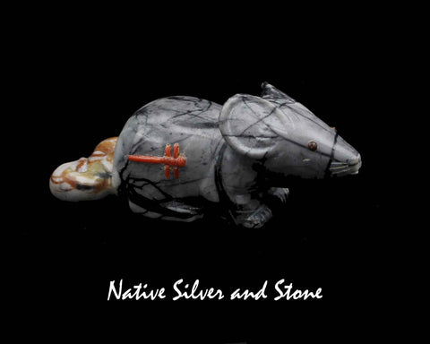 Z Mouse - Large<br>Zuni Fetish Carving<br>Clissa Martin<br>Picasso Marble<br>Coral Dragonfly Accent