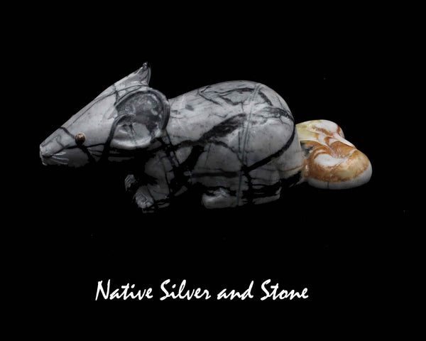 Z Mouse - Large<br>Zuni Fetish Carving<br>Clissa Martin<br>Picasso Marble<br>Coral Dragonfly Accent