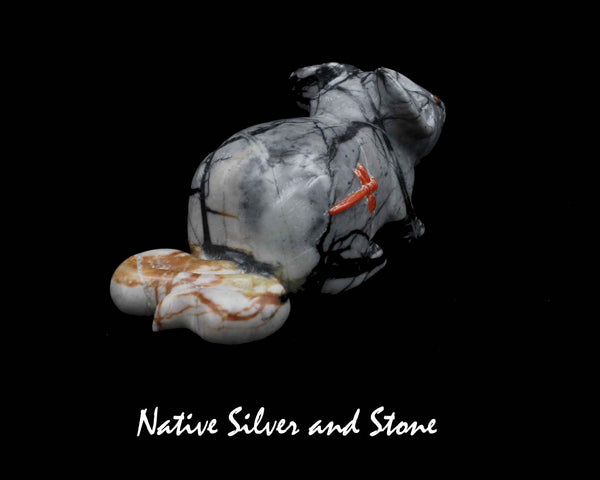 Z Mouse - Large<br>Zuni Fetish Carving<br>Clissa Martin<br>Picasso Marble<br>Coral Dragonfly Accent