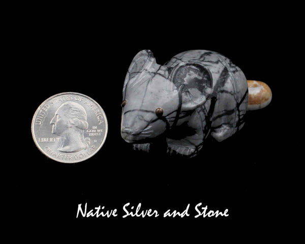 Z Mouse - Large<br>Zuni Fetish Carving<br>Clissa Martin<br>Picasso Marble<br>Coral Dragonfly Accent