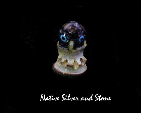 Bird<br>Owl<br>Zuni Fetish Carving  21/32"<br>Craig Haloo<br>Antler<br>Turquoise Accents