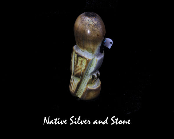 Bird<br>Owl<br>Zuni Fetish Carving  1-7/8"<br>Craig Haloo<br>Antler<br>Turquoise Accents