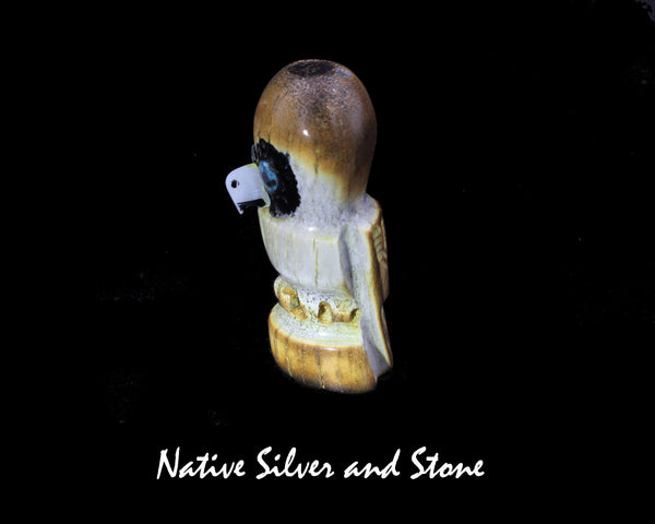 Bird<br>Owl<br>Zuni Fetish Carving  1-7/8"<br>Craig Haloo<br>Antler<br>Turquoise Accents