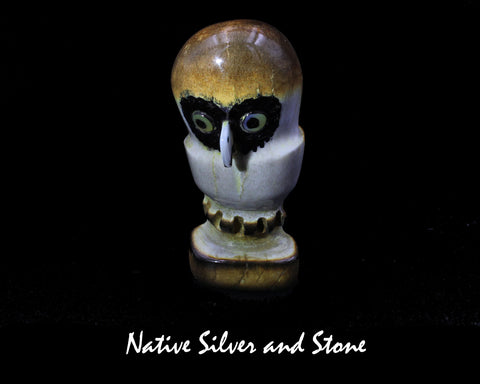 Z Bird<br>Owl<br>Zuni Fetish Carving  2-3/4"<br>Craig Haloo<br>Antler<br>Mother of Pearl Accents