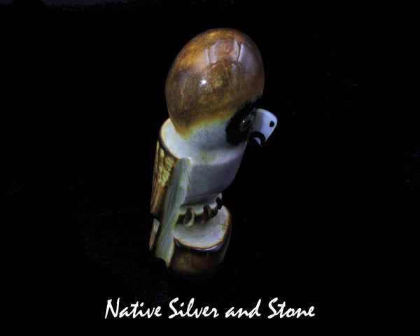 Z Bird<br>Owl<br>Zuni Fetish Carving  2-3/4"<br>Craig Haloo<br>Antler<br>Mother of Pearl Accents