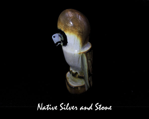 Z Bird<br>Owl<br>Zuni Fetish Carving  2-3/4"<br>Craig Haloo<br>Antler<br>Mother of Pearl Accents