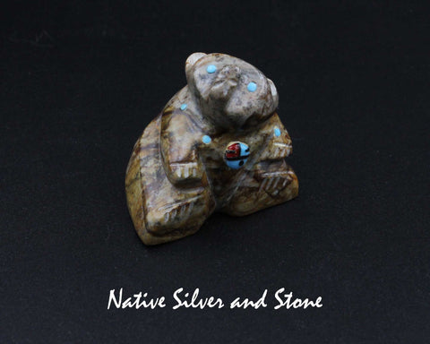 Bear-Sitting Upright<br>Zuni Fetish Carving<br>Danette Laate<br>Picasso Marble<br>Sunface w Turquoise, Coral, & Jet