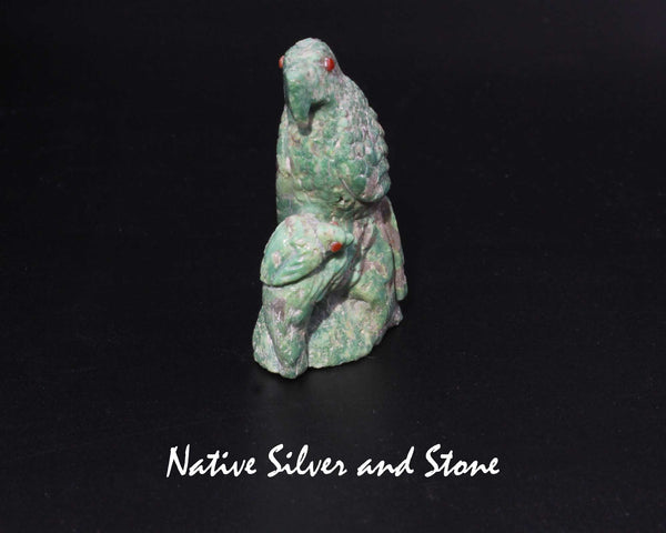Eagle with Eaglet<br>Zuni Fetish Carving<br>Derrick Kaamasee<br>Variscite w Coral Eyes