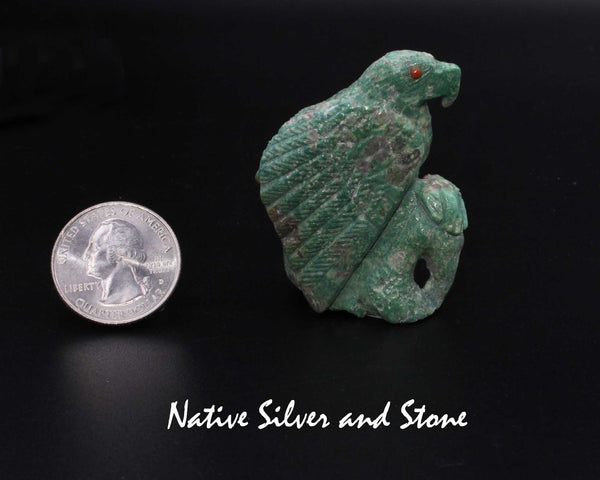 Eagle with Eaglet<br>Zuni Fetish Carving<br>Derrick Kaamasee<br>Variscite w Coral Eyes
