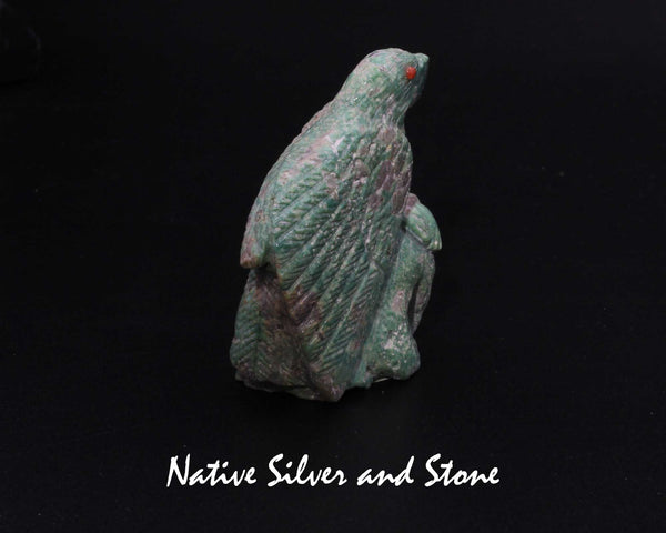 Eagle with Eaglet<br>Zuni Fetish Carving<br>Derrick Kaamasee<br>Variscite w Coral Eyes
