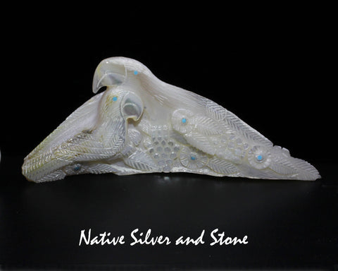 Macaw Birds & Flowers<br>Zuni Fetish Carving<br>Destry Siutza<br>Large Mother of Pearl<br>Turquoise Accents