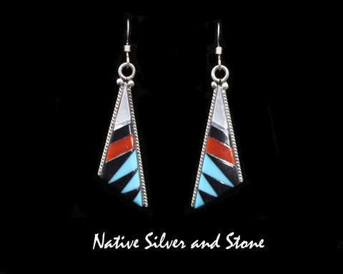 Elecario & Cleo Kallestewa - Zuni<br>1-5/16" Earrings<br>Turquoise, Jet, Coral<br>White Mother of Pearl<br>Vertical Long Triangle<br>Multi-Inlays<br>French Wire<br>Sterling Silver