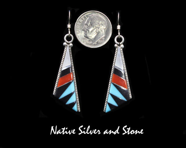 Elecario & Cleo Kallestewa - Zuni<br>1-5/16" Earrings<br>Turquoise, Jet, Coral<br>White Mother of Pearl<br>Vertical Long Triangle<br>Multi-Inlays<br>French Wire<br>Sterling Silver