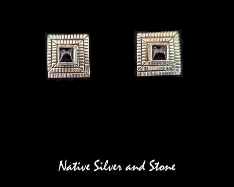 Elgin Tom - Navajo<br>1/2" Earrings<br>Maize - Square<br>3/16" Onyx<br>Post<br>Cast Sterling Silver