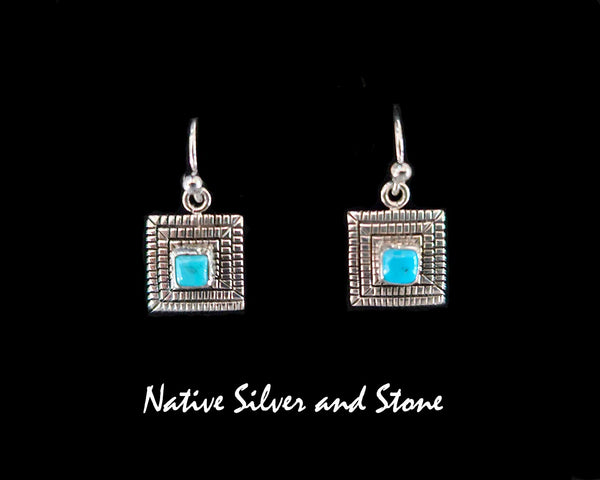 Elgin Tom - Navajo<br>1/2" Earrings<br>Maize - Square<br>3/16" Turquoise - Sleeping Beauty<br>Hook<br>Cast Sterling Silver