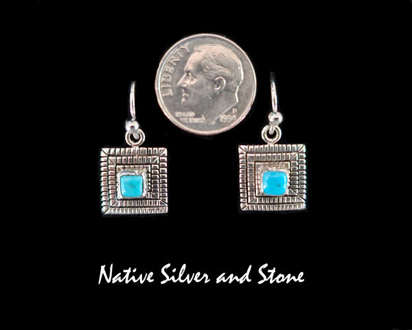Elgin Tom - Navajo<br>1/2" Earrings<br>Maize - Square<br>3/16" Turquoise - Sleeping Beauty<br>Hook<br>Cast Sterling Silver
