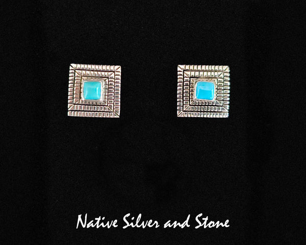 Elgin Tom - Navajo<br>1/2" Earrings<br>Maize - Square<br>3/16" Turquoise - Sleeping Beauty<br>Post<br>Cast Sterling Silver