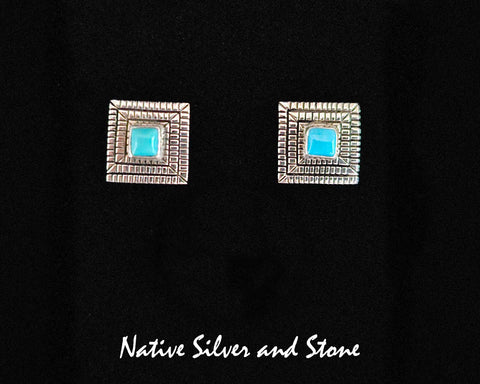 Elgin Tom - Navajo<br>1/2" Earrings<br>Maize - Square<br>3/16" Turquoise - Sleeping Beauty<br>Post<br>Cast Sterling Silver