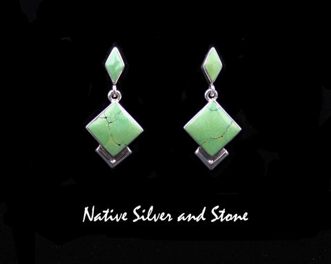 Elsie Armstrong - Navajo<br>Earrings<br>Turquoise - Hubei<br>Medium Square-on-End<br>Diamond Top<br>Dangle Post<br>Sterling Silver