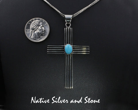 Frances Jones - Navajo<br>2-5/16" Pendant - Large<br>Cross with Channel Tracks<br>Sleeping Beauty Turquoise Oval Accent<br>Sterling Silver